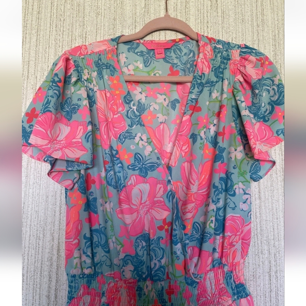 Lilly Pulitzer Size 8 Maryanne Surf Blue Luscious Lions Dress Floral Ruffles - Picture 5 of 12